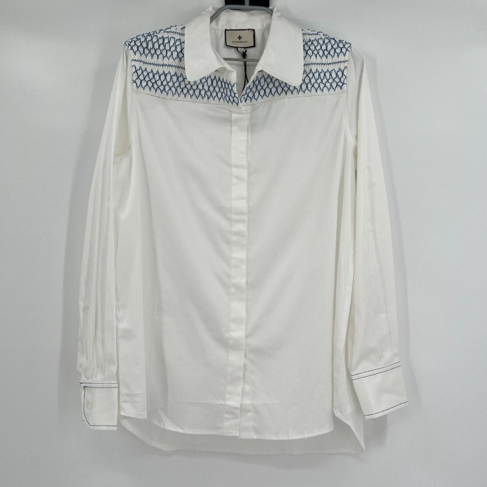 Tuckernuck White Smocked Marlowe Button Down Shirt Blouse sz S Small NWT Career